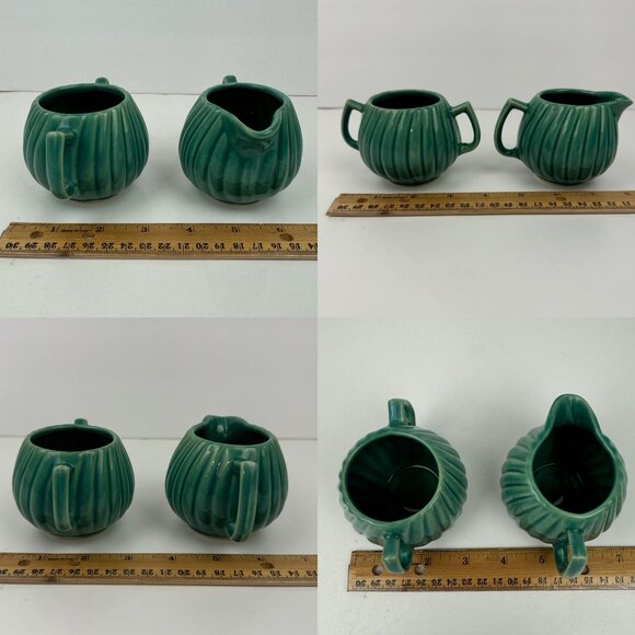 Vtg Small Ceramic Creamer Sugar Set MCM Sage Green Teal Swirled Ribbed Textured - Picture 5 of 10
